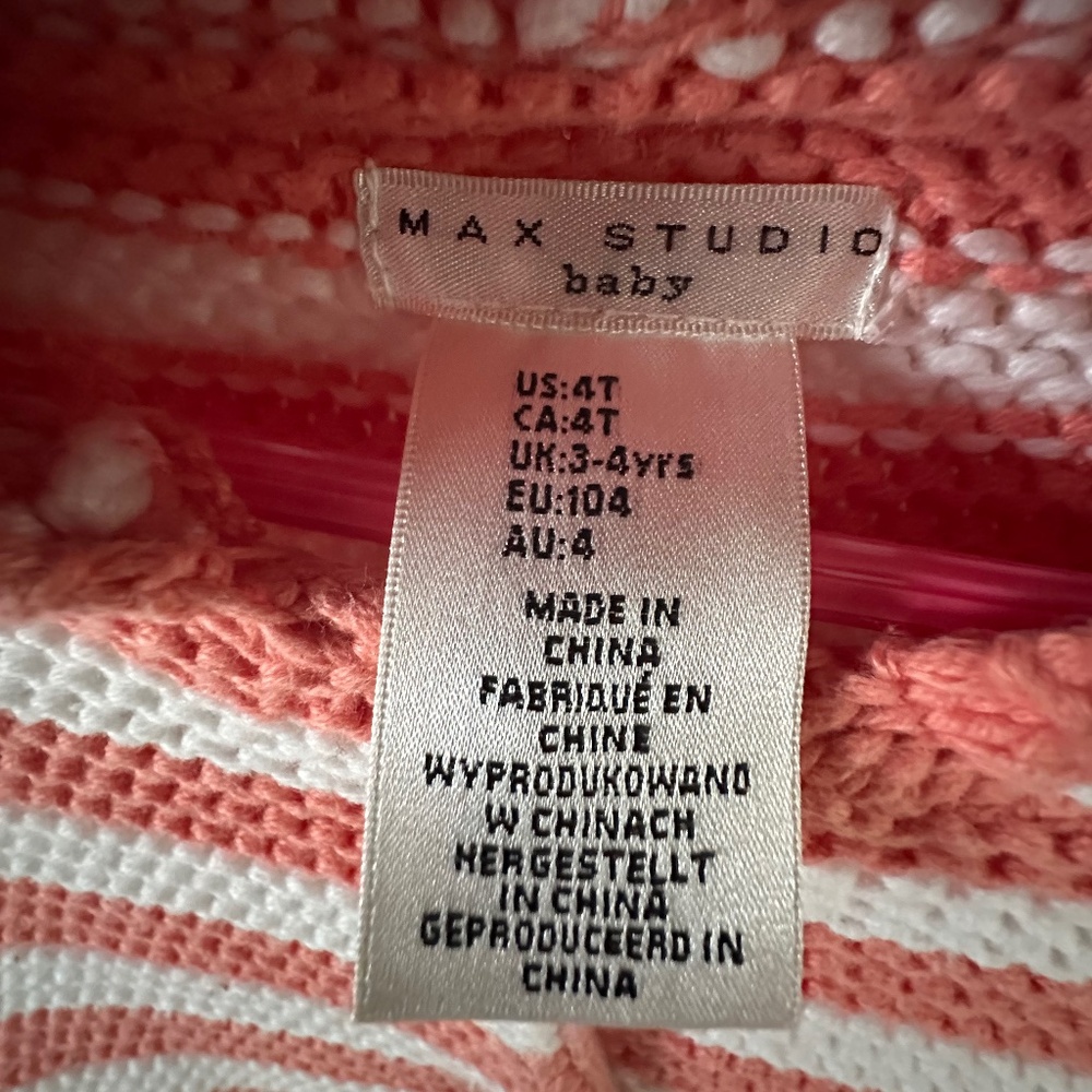 Max Studio Baby Girls 4T Sweater – White & Orange Stripes with Wood-Look Buttons - Picture 2 of 5